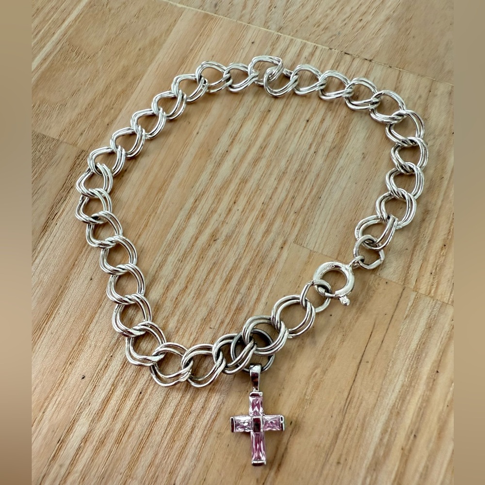 925 Sterling silver double link charm bracelet with pink cross